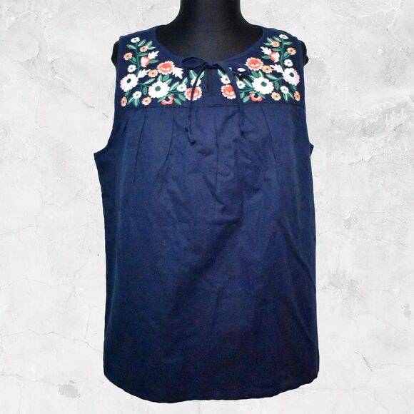 J Crew Navy Linen/Cotton Floral Embroidery Sleeveless Top - Lined - Women's S - Picture 2 of 7